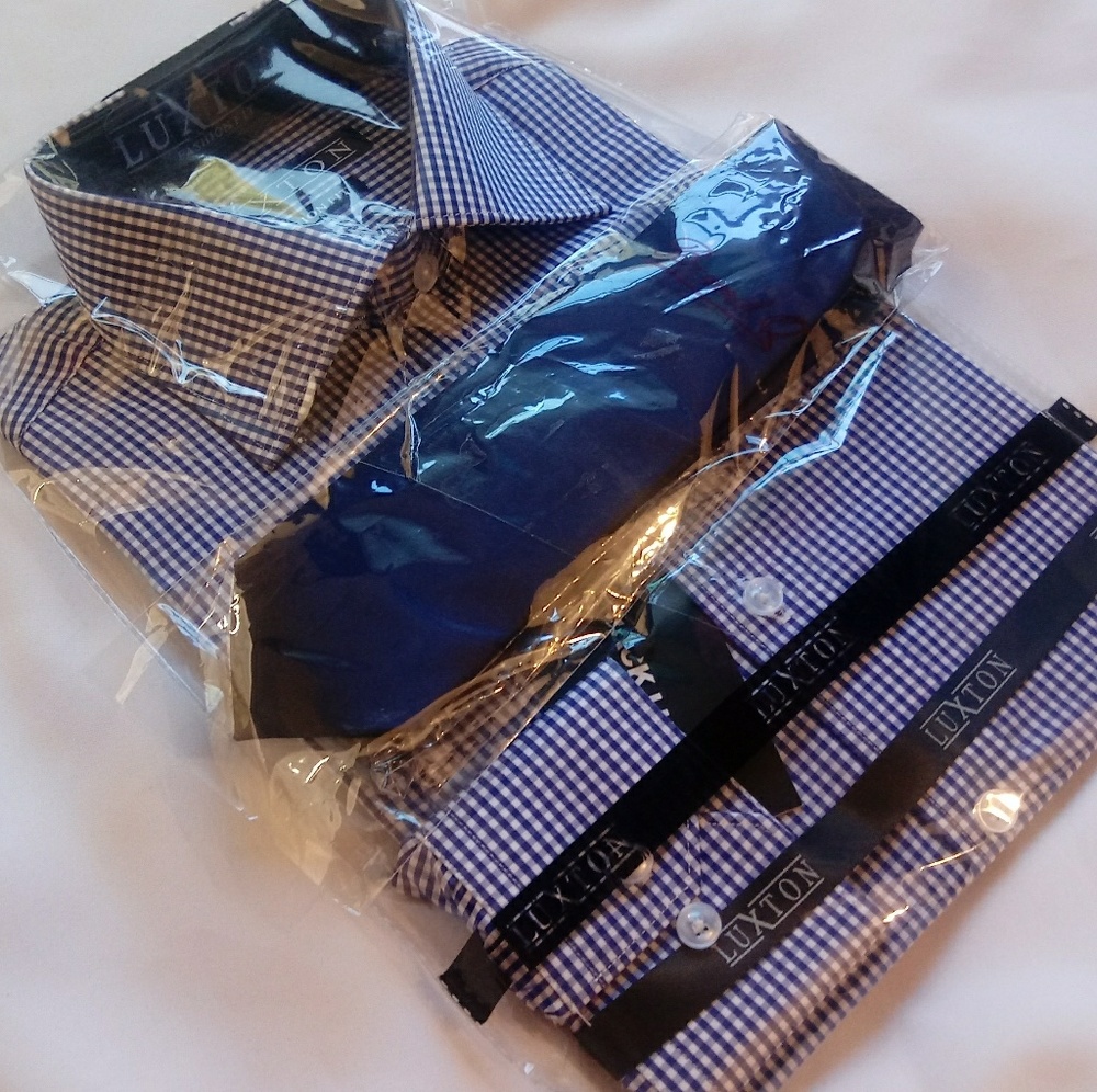 ⬇️ Dress Shirt Tie 3PC Set Gingham Navy Blue 14 32/33